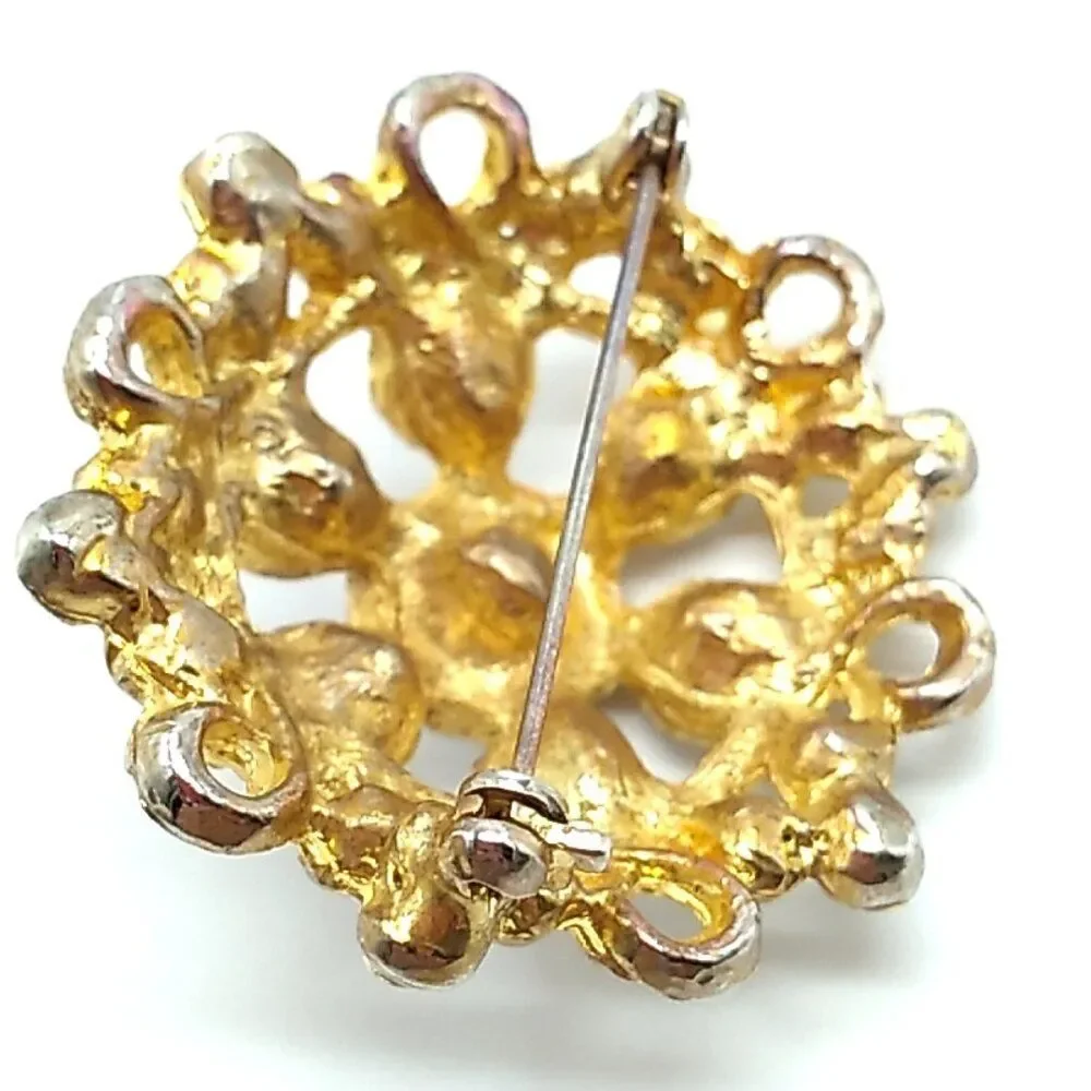 Vintage Twisted Rope Brooch Dome Shaped Rhinestone Gold Tone Pin
